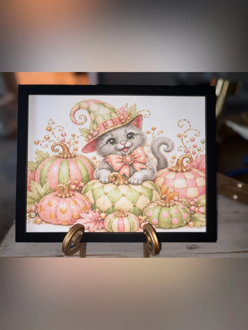 Iconic Checkered Pastel Pumpkin Kitten Framed 8x10 Art Print - Pink & Green